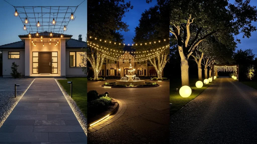 Magnifique entrée de maison et allées sublimées par des chemins lumineux et des guirlandes festives DIY.