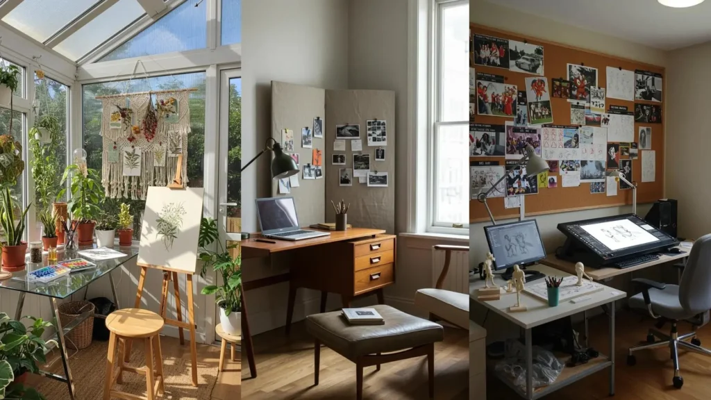 Trois bureaux de home office créatifs et inspirants avec moodboards et coins dessin bien rangés.