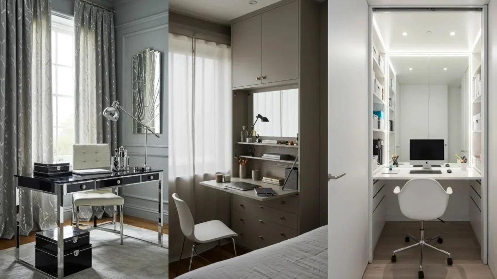 Plusieurs bureaux à domicile lumineux et organisés pour télétravail, avec miroirs et voilages.