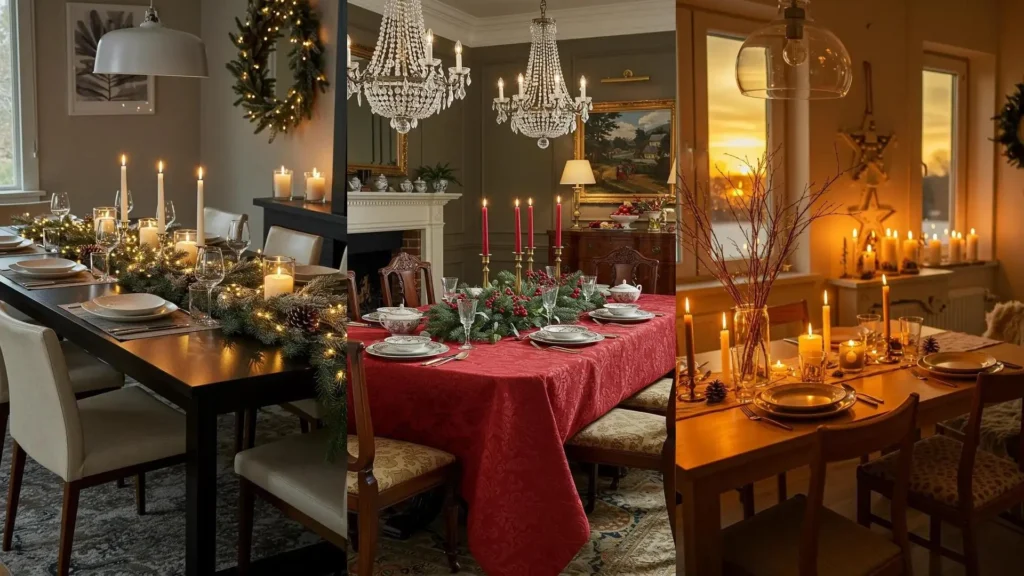 Trois centres de table de Noël chics et branchés avec bougies, guirlandes de sapin et assiettes élégantes pour un décor festif.