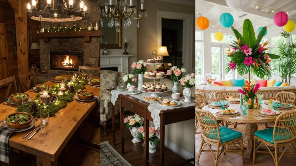 Centres de table variés : hiver, élégant, tropical, pour des repas partagés esthétiques et sécurisés.