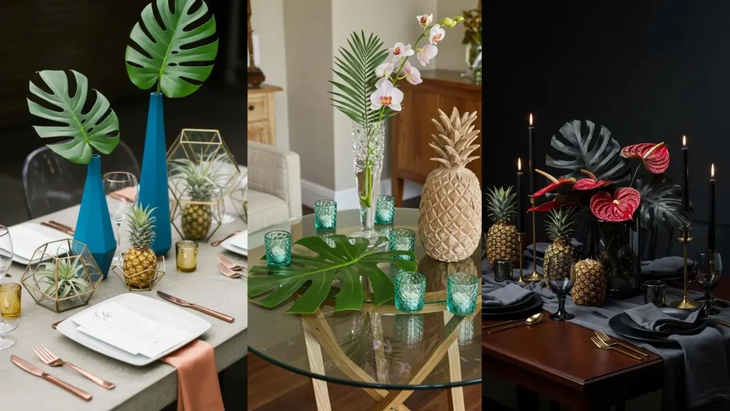 Magnifiques centres de table mariage tropical avec ananas, feuilles de monstera et vases colorés.