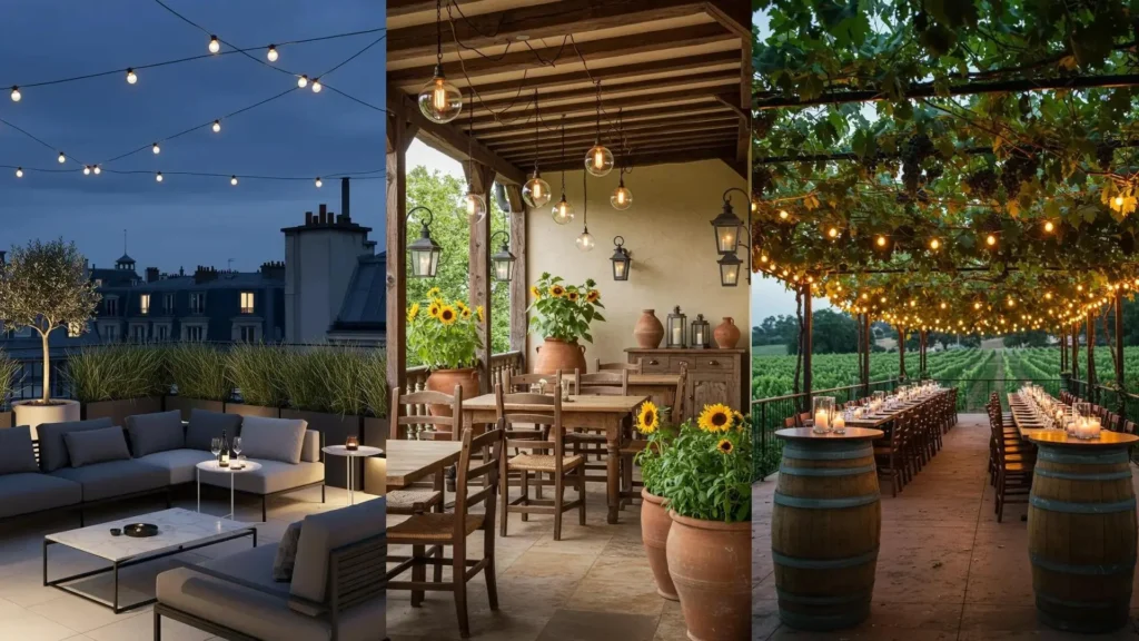 Terrasses et vignobles français illuminés de guirlandes et lanternes, évoquant l'ambiance chaleureuse des guinguettes.