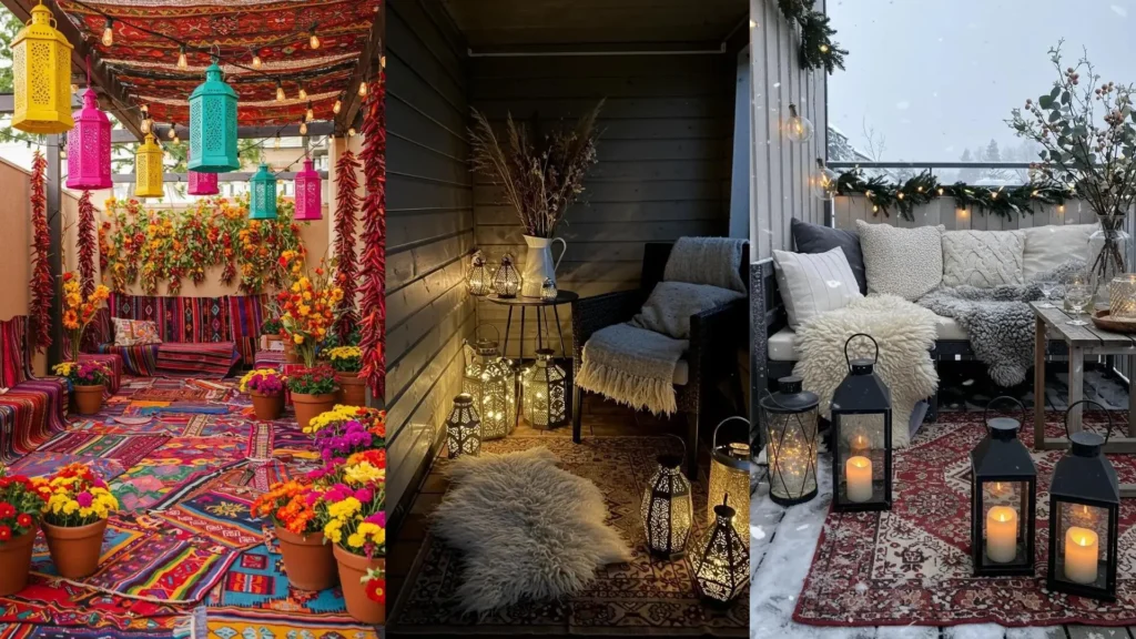Trois terrasses décorées avec tapis kilim, compositions florales séchées et lanternes en métal pour toutes les saisons.