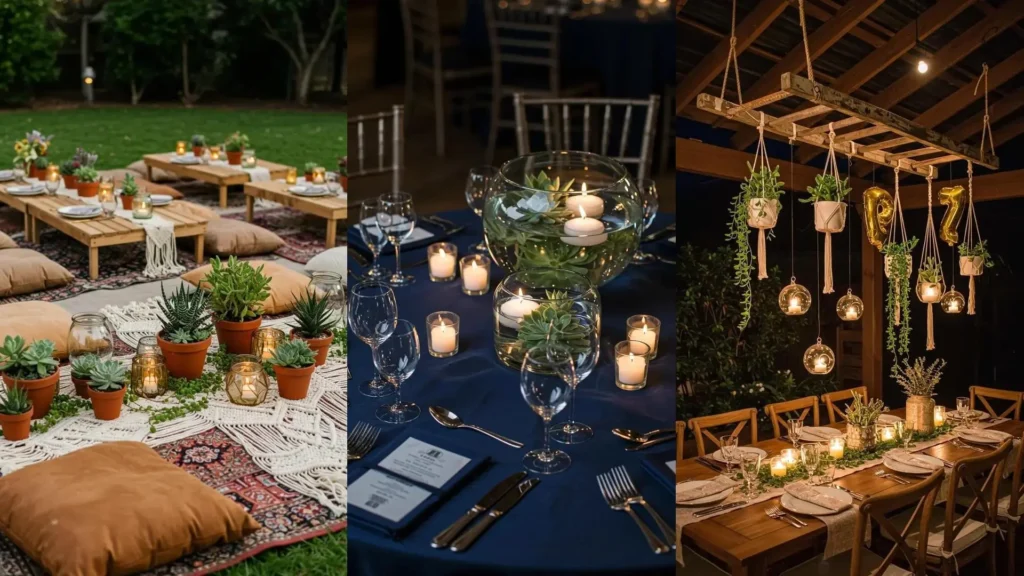 Divers centres de table DIY pour anniversaire avec plantes succulentes et bougies, ambiance chaleureuse.