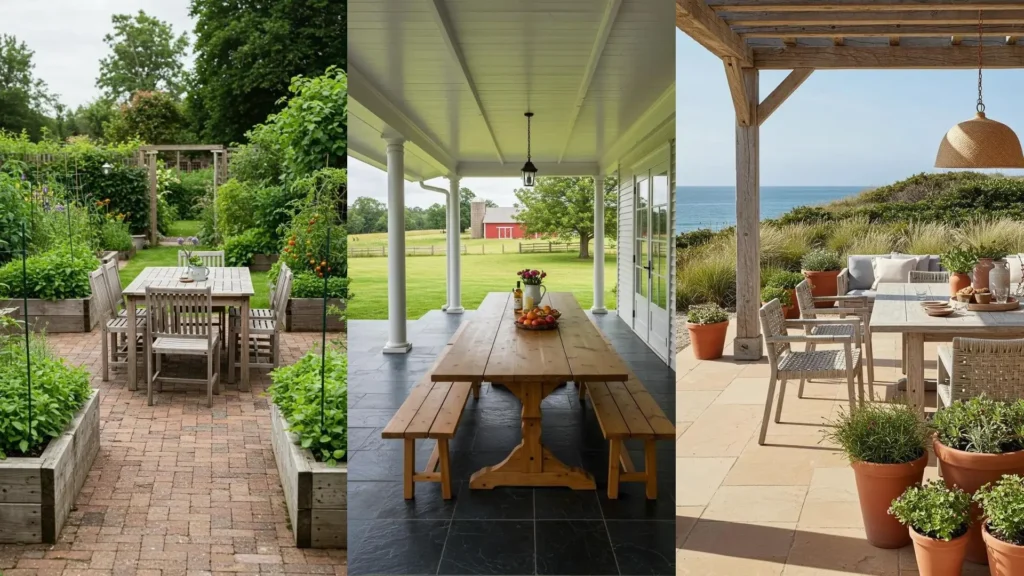 Trois ensembles repas extérieurs en bois et pierre pour jardins rustiques et terrasses avec vue.