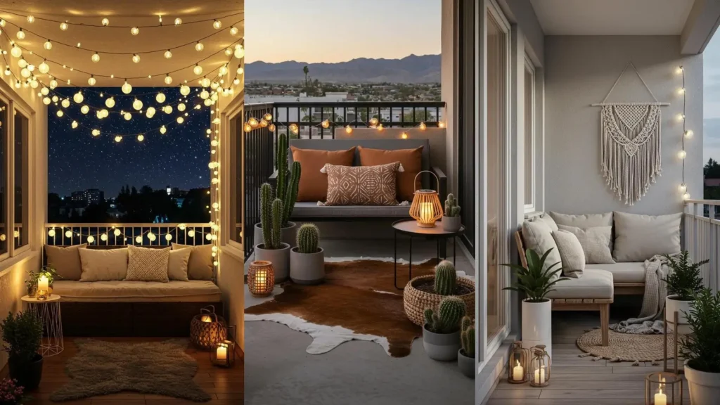 Ambiance bohème sur un balcon cosy pour les soirées d'été, avec guirlandes lumineuses, tapis et plantes verdoyantes.