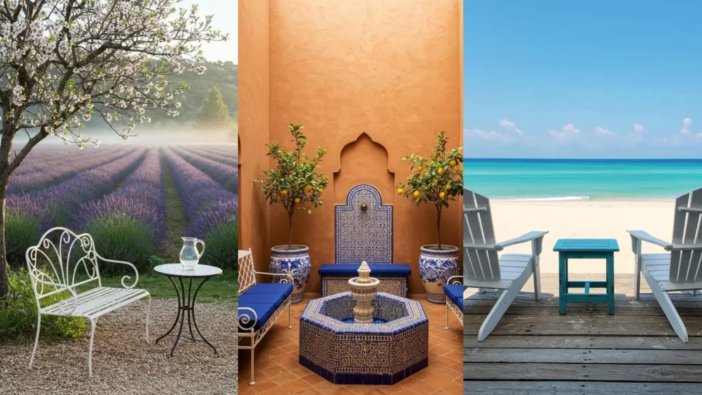 Mobilier extérieur blanc et bleu dans des décors méditerranéens : jardin provençal, patio marocain, plage idyllique.