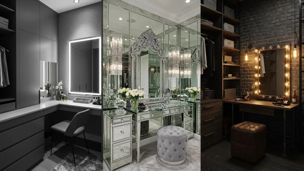 Trois coins maquillage glamour et optimisés dans un dressing, avec miroirs lumineux, ambiance moderne et chic.