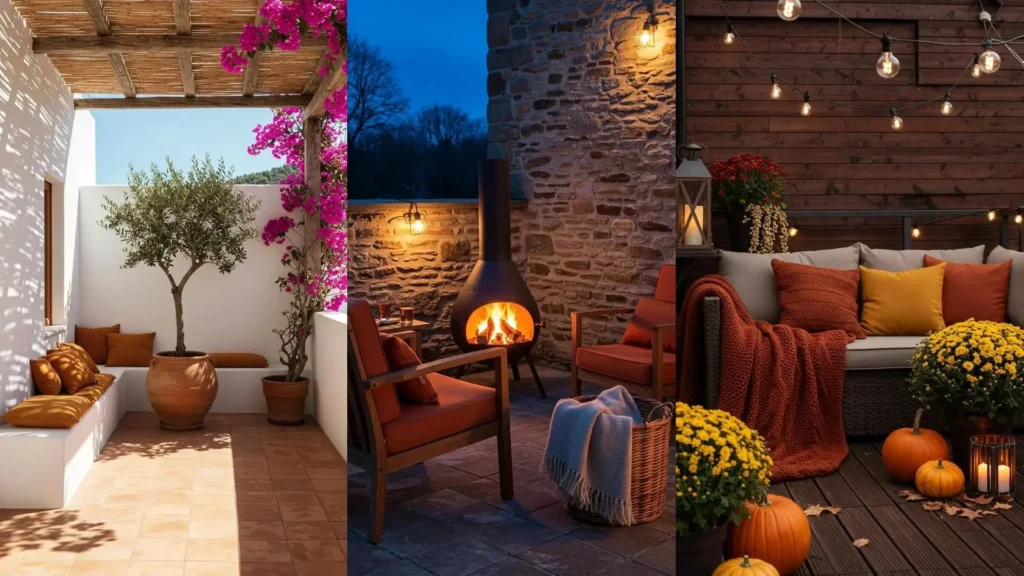 Trois terrasses avec ambiance tropicale, teintes chaudes, décor floral et magie lumineuse. Inspirations déco.