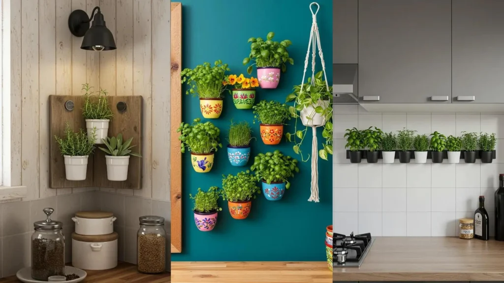 Murs végétaux mini en cuisine : herbes aromatiques en pots muraux variés (bois, colorés, alignés). Idées déco fraîches.