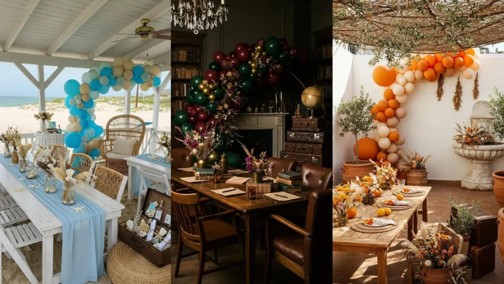 Trois ambiances déco d'anniversaire vintage avec arches de ballons rétro, valises anciennes et fleurs séchées.