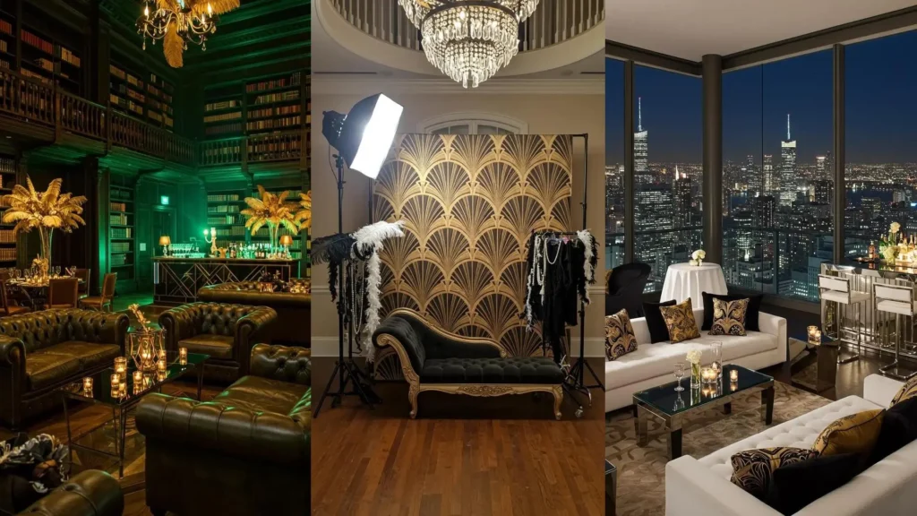 Ambiance Gatsby glamour avec lustres étincelants, plumes dorées, canapés chics et vue urbaine nocturne. Décor Art Déco.