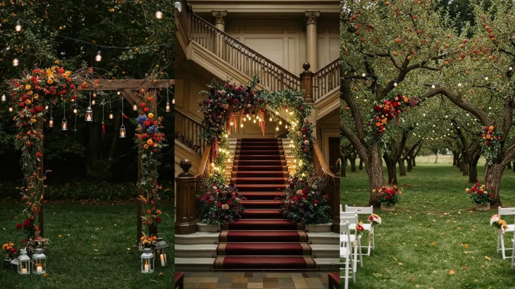 Arches florales de mariage automnal avec baies, feuillages chauds et guirlandes lumineuses.