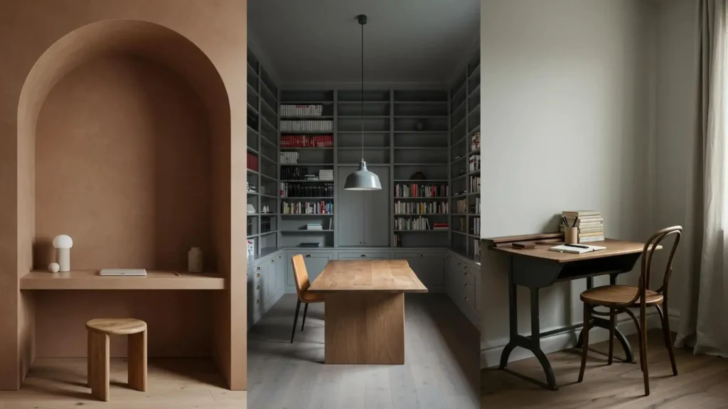 Trois bureaux minimalistes zen aux coloris neutres et surfaces nettes, créant une atmosphère propice à la méditation.