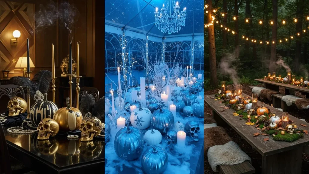 Centre de table d'Halloween avec potirons peints, bougies fumantes et crânes dorés sur une table élégante.