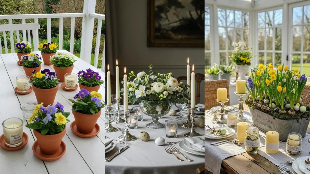 Centres de table de Pâques fleuris avec des bougies parfumées et des paniers printaniers pour une déco festive.