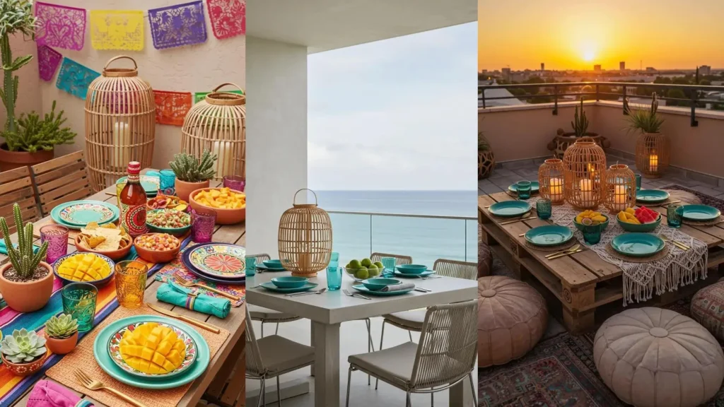 Ambiance estivale sur trois terrasses : lanternes en bambou, vaisselle turquoise et fruits frais colorés.