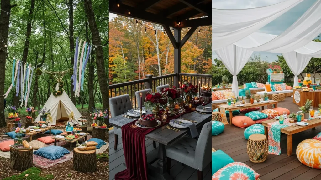 Décors de fête saisonniers pour anniversaire: été bohème avec tipi, automne cosy en terrasse, ambiance festive d'été.