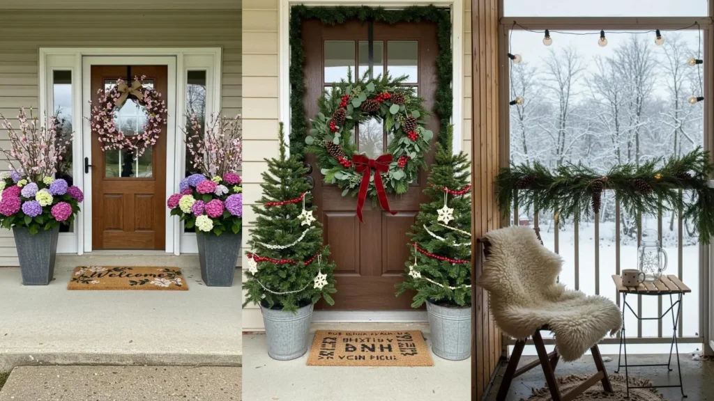 Décorations DIY de porte et balcon pour les 4 saisons: fleurs printanières, couronne festive et ambiance hivernale cosy.