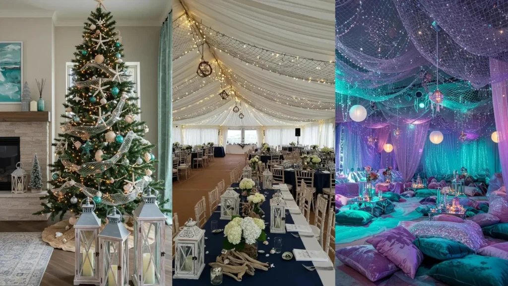 Décorations de fête marines : filets de pêche, coquillages nacrés et lanternes de port pour ambiance thématique.