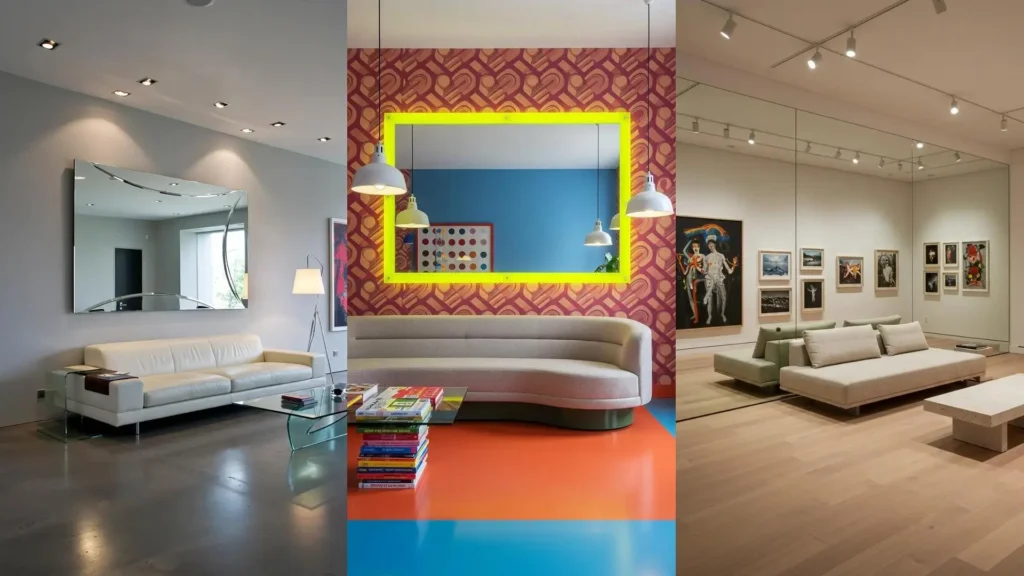 Séjours modernes avec miroirs XXL. Trois exemples de déco pour intégrer un grand miroir et agrandir l'espace.