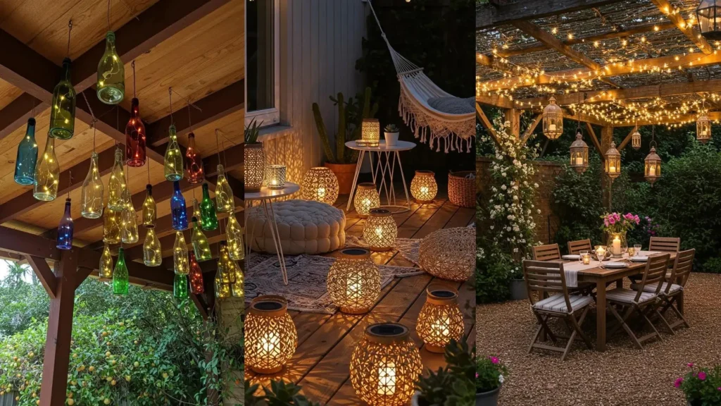Éclairage jardin féerique avec lanternes solaires et lumières LED, incluant des bouteilles lumineuses et une pergola décorée.