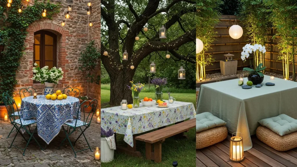 Trois coins repas extérieurs d'été avec nappes vives, bougies, citrons et lumières douces. Idées déco jardin.