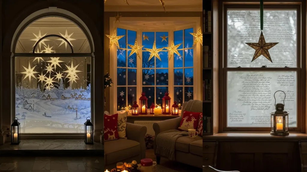 Fenêtres décorées pour Noël avec étoiles suspendues lumineuses, stickers givrés flocons et lanternes chaleureuses.