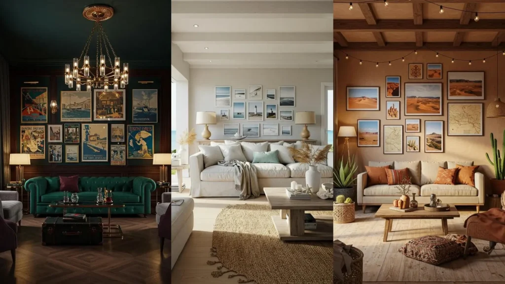 Trois salons avec murs de cadres à thème voyage: posters vintage, plages et déserts, pour inspiration décoration.