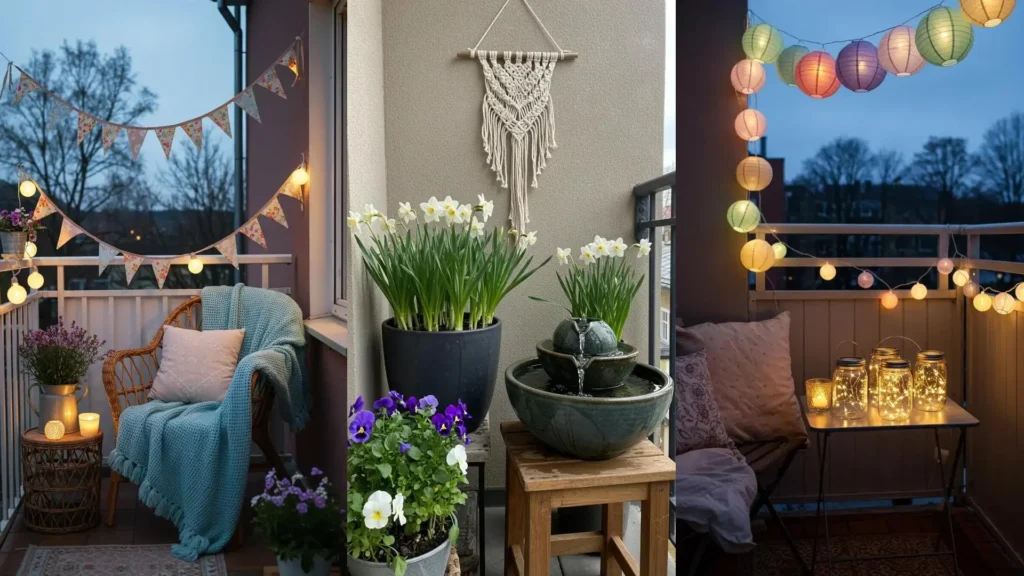 Balcons printaniers DIY décorés avec coussins pastel, guirlandes lumineuses, plantes et macramé.