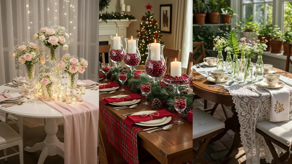 Inspirations de tables festives : vases transparents avec fleurs délicates, baies rouges et bougies.