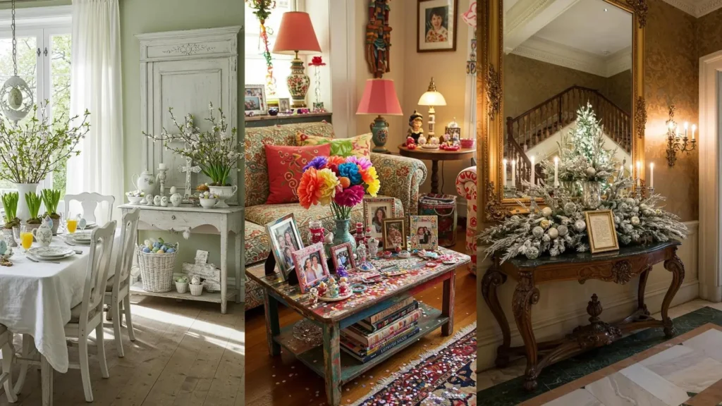 Trois autels décoratifs : ambiance de Pâques avec œufs, ambiance de Noël avec sapin et un espace familial coloré.