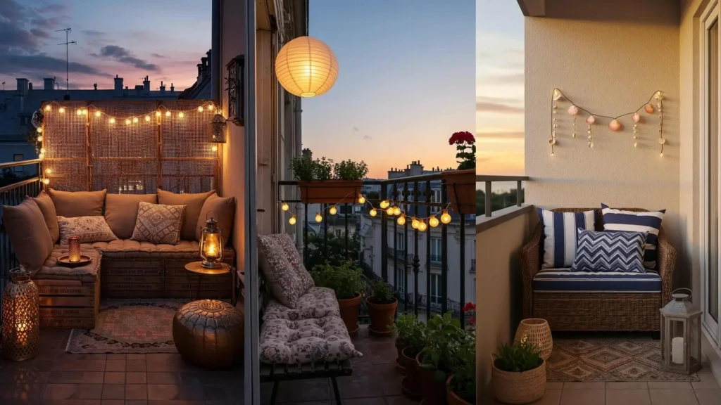 Scènes de balcons bohèmes au coucher du soleil avec guirlandes lumineuses, lanternes et salons de jardin bas.