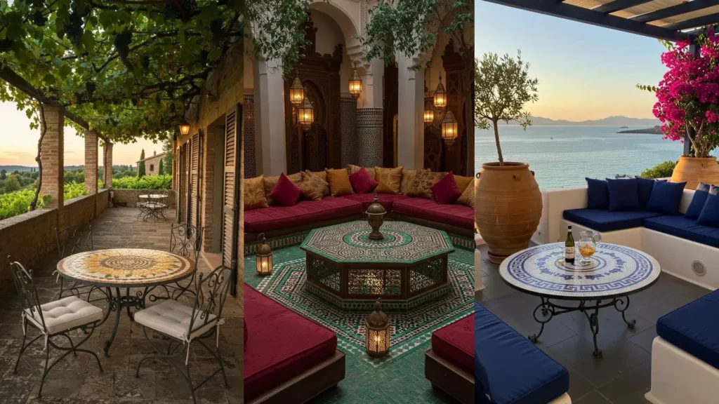 Patios artistiques variés avec tables basses d'extérieur en mosaïque, méditerranéens, marocains et bord de mer.