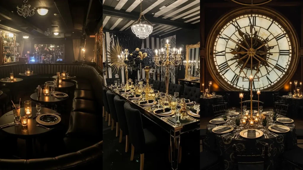 Tables de Nouvel An glamour avec vaisselle noire, touches dorées et chandeliers pour une ambiance festive chic.