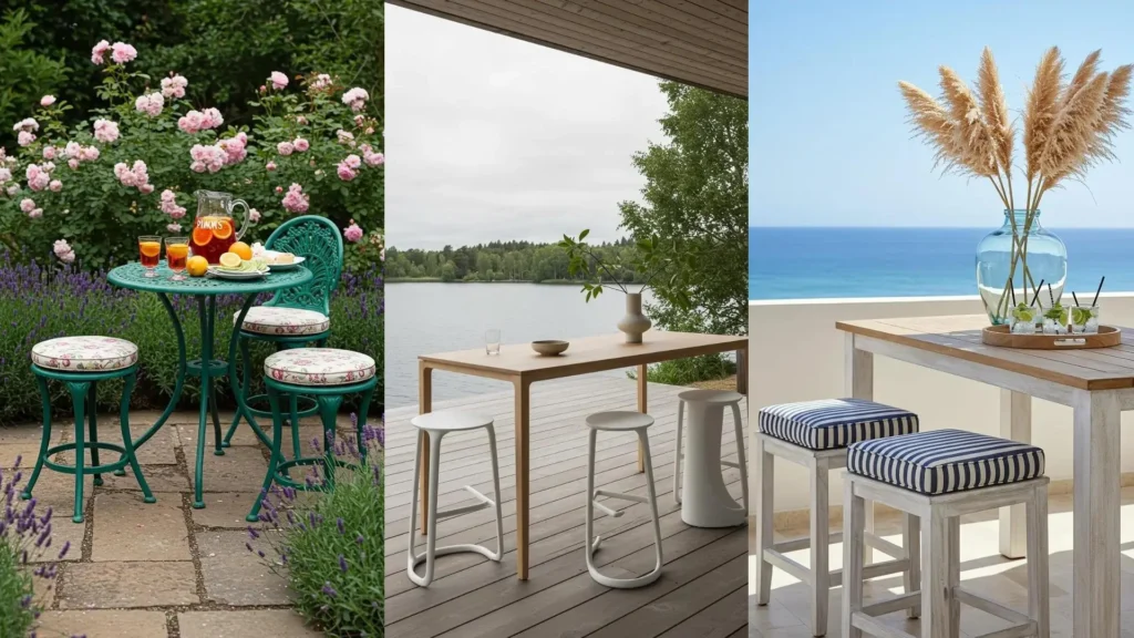 Tables hautes d'extérieur pour cocktails sur terrasses en bord de mer, lac ou jardin fleuri. Ambiance conviviale.