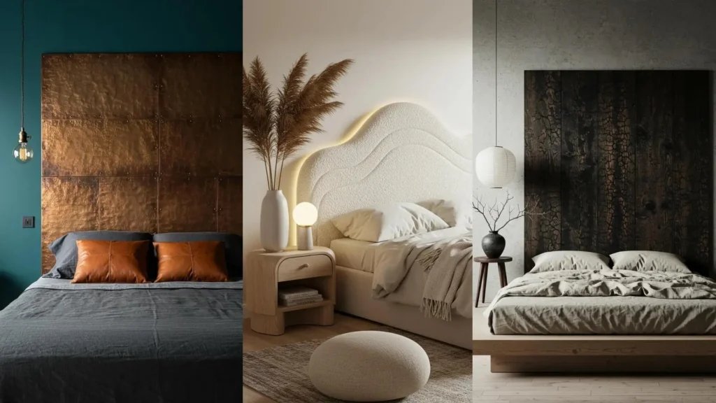 Découvrez têtes de lit originales en métal ciselé, bois brûlé et velours pour une chambre minimaliste ou glamour.