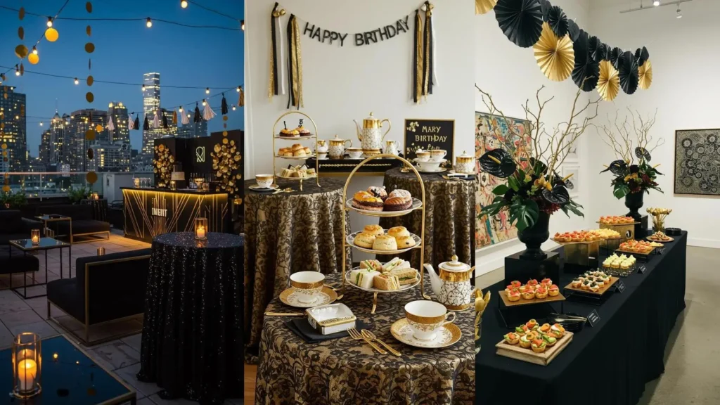 Décoration chic anniversaire noir et or avec centres de table art déco, guirlandes et buffet sophistiqué.