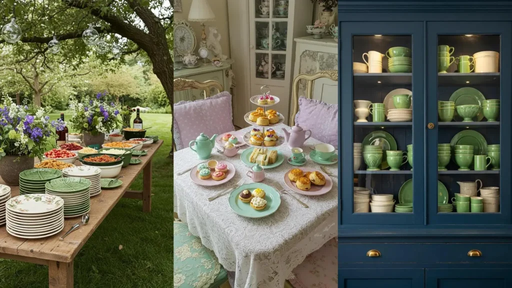 Stylisme varié d'assiettes en céramique artisanale: buffet champêtre, table de goûter pastel et vaisselier garni.