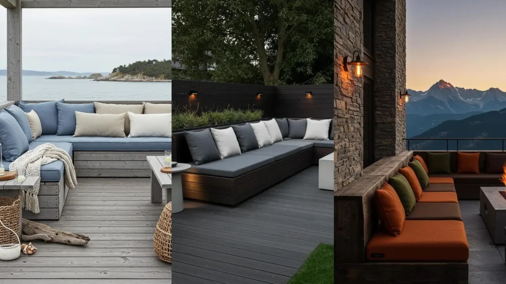 Magnifiques banquettes modulaires en bois recyclé, avec des coussins faits main, aménagées dans divers décors extérieurs.