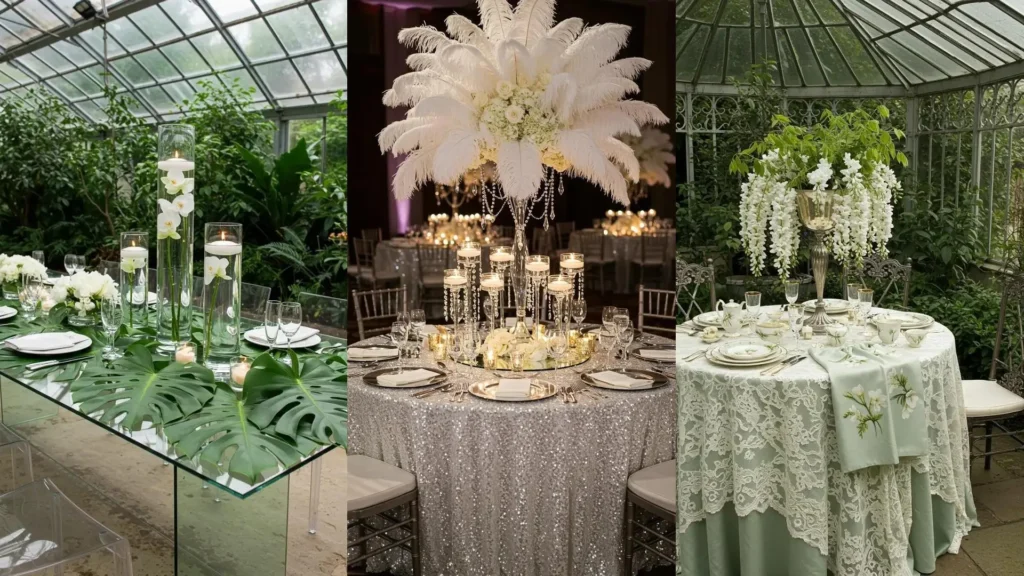 Trois tables de mariage élégantes avec vaisselle fine, fleurs blanches et bougies flottantes. Idées déco raffinées.