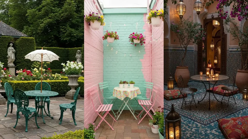 Trois ensembles bistrot élégants pour terrasses fleuries, créant des ambiances romantiques et charmantes en extérieur.