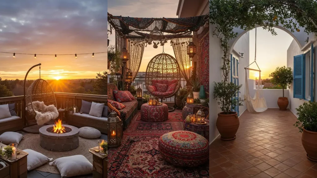 Terrasses cosy bohèmes chics avec fauteuils suspendus et hamacs, parfaites pour le coucher du soleil.