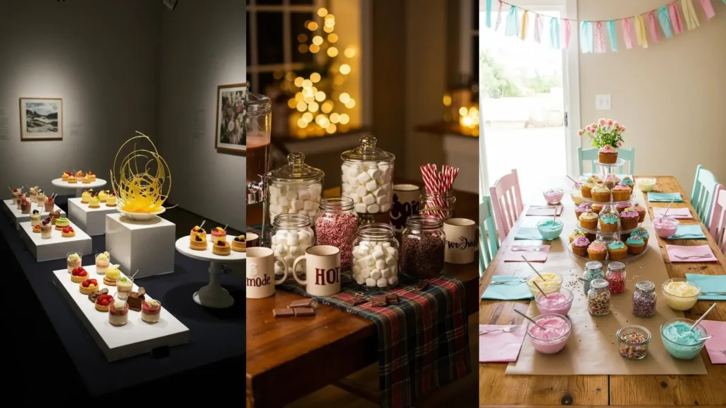 Idée de centre de table gourmand pour anniversaire d'enfants: cupcakes colorés, glaçage et décorations de pâtisserie.