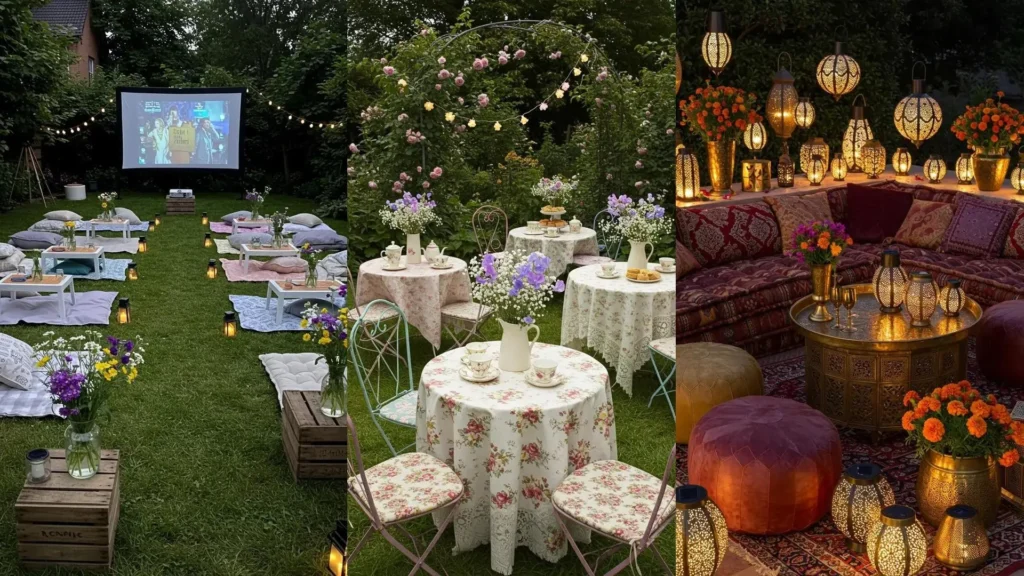 Décorations estivales pour fêtes en plein air: ciné, thé fleuri et ambiance orientale avec lanternes solaires.