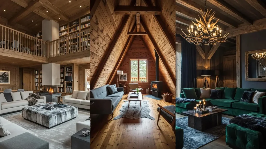 Trois salons esprit chalet chaleureux avec bois brut, cheminée et coussins en fourrure synthétique.