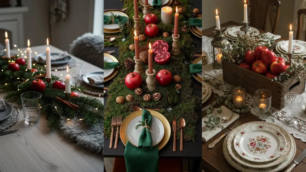 Centre de table de Noël élégant DIY avec bougies allumées, pommes rouges et feuillage. Idées déco festives.