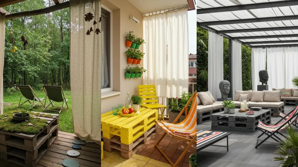 Aménagements extérieurs DIY d'été: tables basses palettes, transats colorés et rideaux légers pour jardin, balcon ou terrasse.