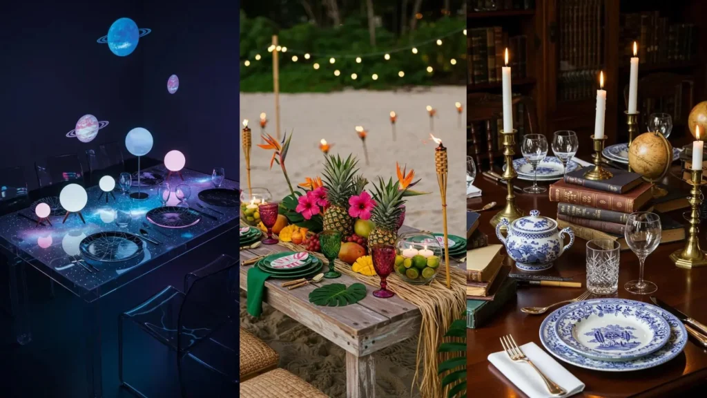 Décorations de table variées pour une ambiance magique : thème spatial, tropical ou classique avec bougies.